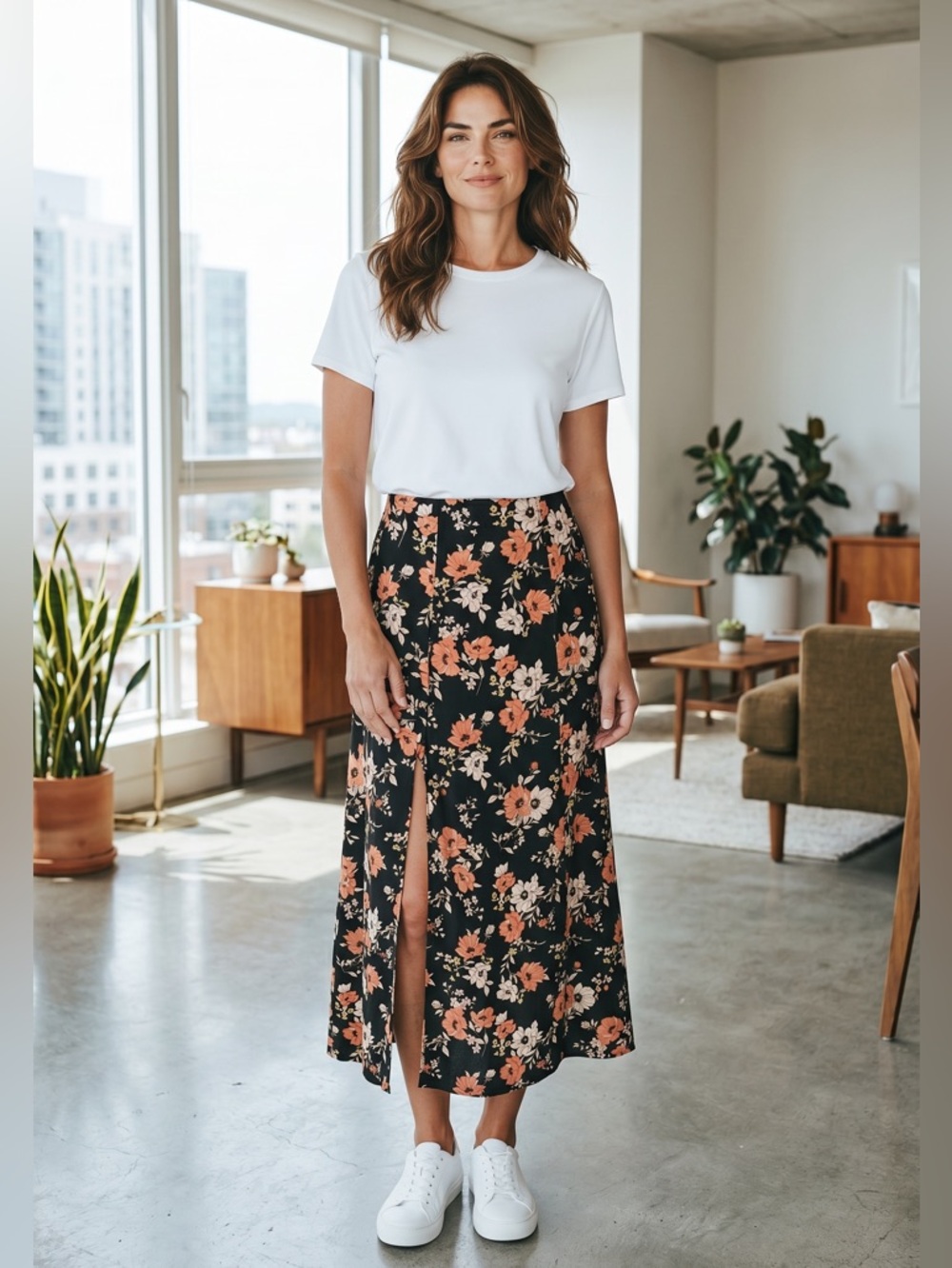 Forever 21 Black and Peach Floral Maxi Skirt with Leg Slit, Women’s Medium - Picture 2 of 9